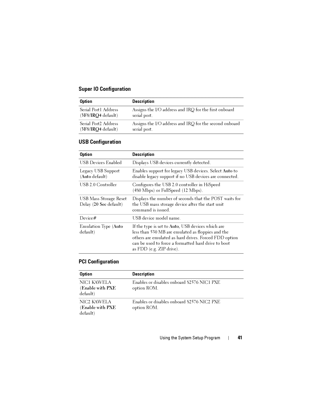 Dell C1100 owner manual Super IO Configuration, USB Configuration, PCI Configuration 