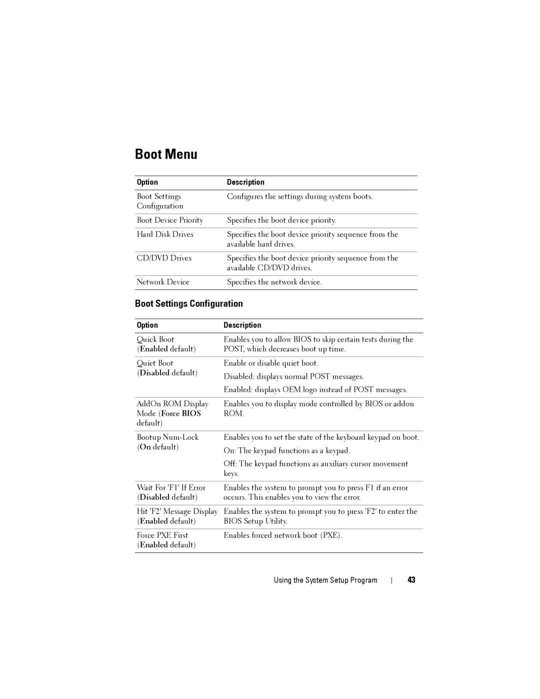 Dell C1100 owner manual Boot Menu, Boot Settings Configuration 