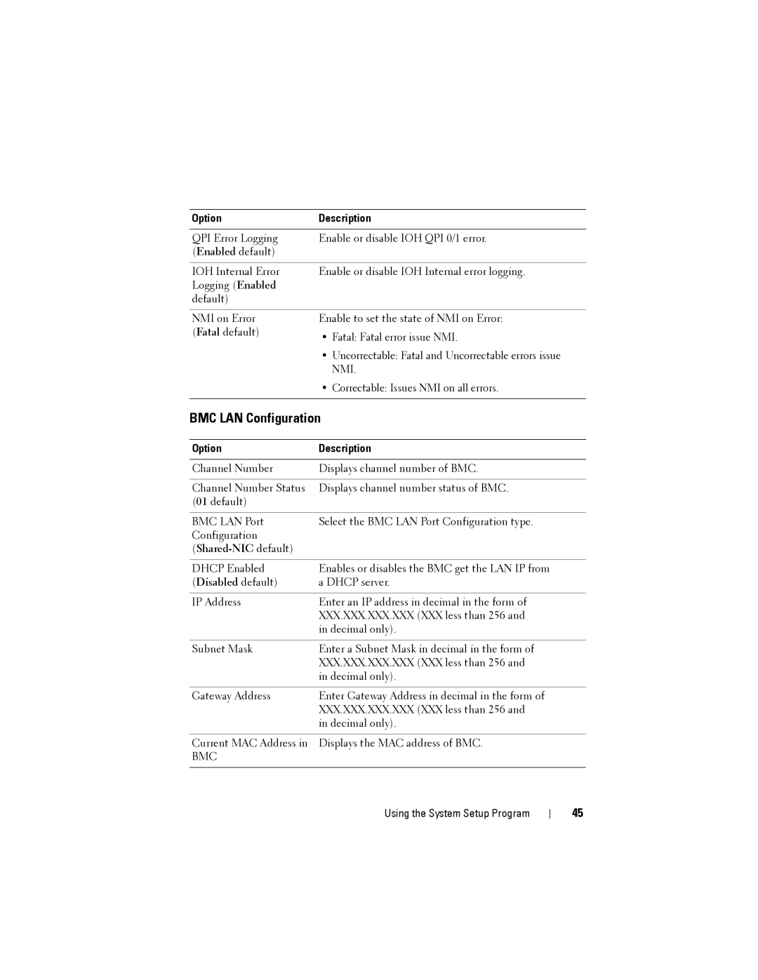 Dell C1100 owner manual BMC LAN Configuration, Shared-NIC default 