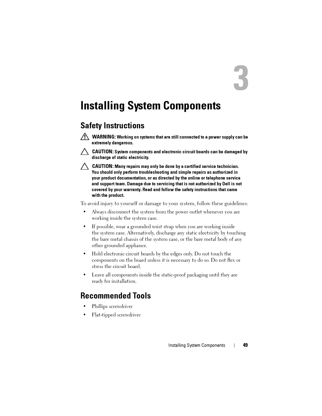 Dell C1100 owner manual Safety Instructions, Recommended Tools, Installing System Components 