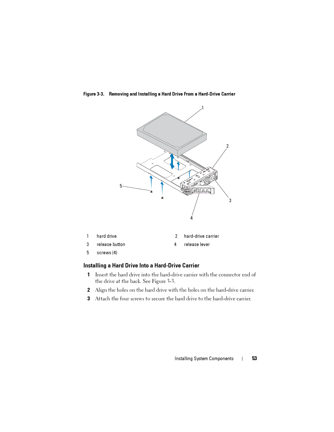 Dell C1100 owner manual Installing a Hard Drive Into a Hard-Drive Carrier, Hard drive, Release button Release lever Screws 