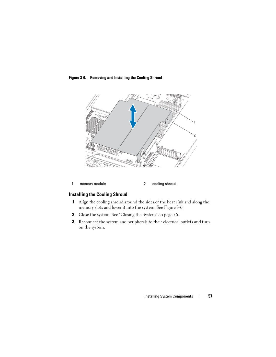 Dell C1100 owner manual Installing the Cooling Shroud, Memory module Cooling shroud 