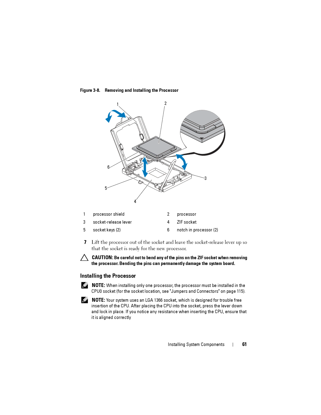 Dell C1100 owner manual Installing the Processor, Processor shield, ZIF socket, Socket keys 