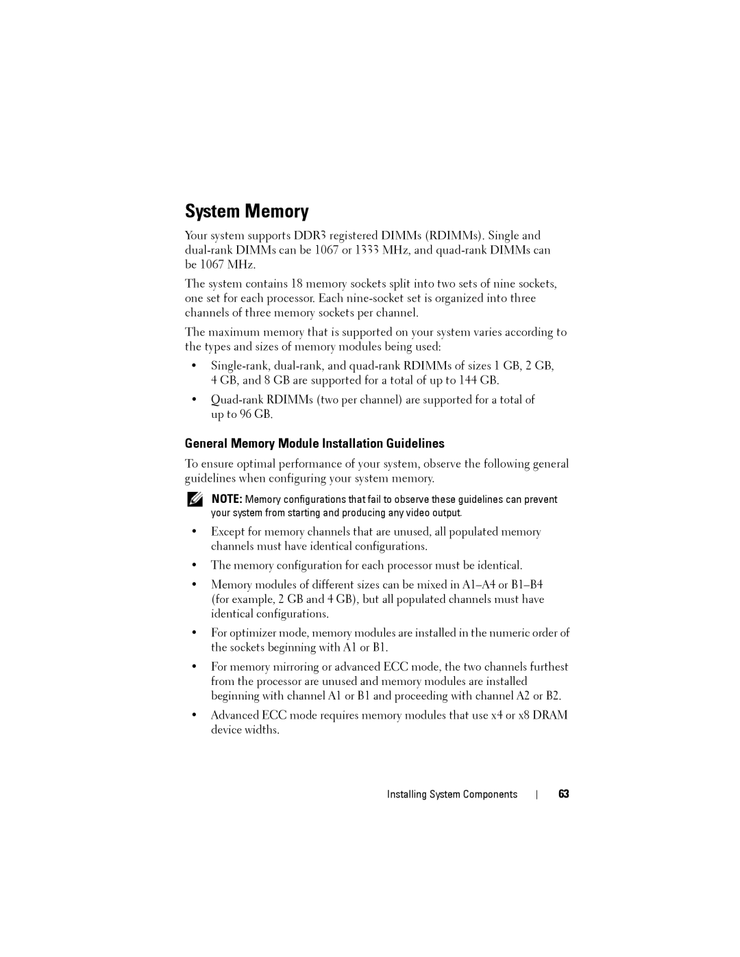 Dell C1100 owner manual System Memory, General Memory Module Installation Guidelines 