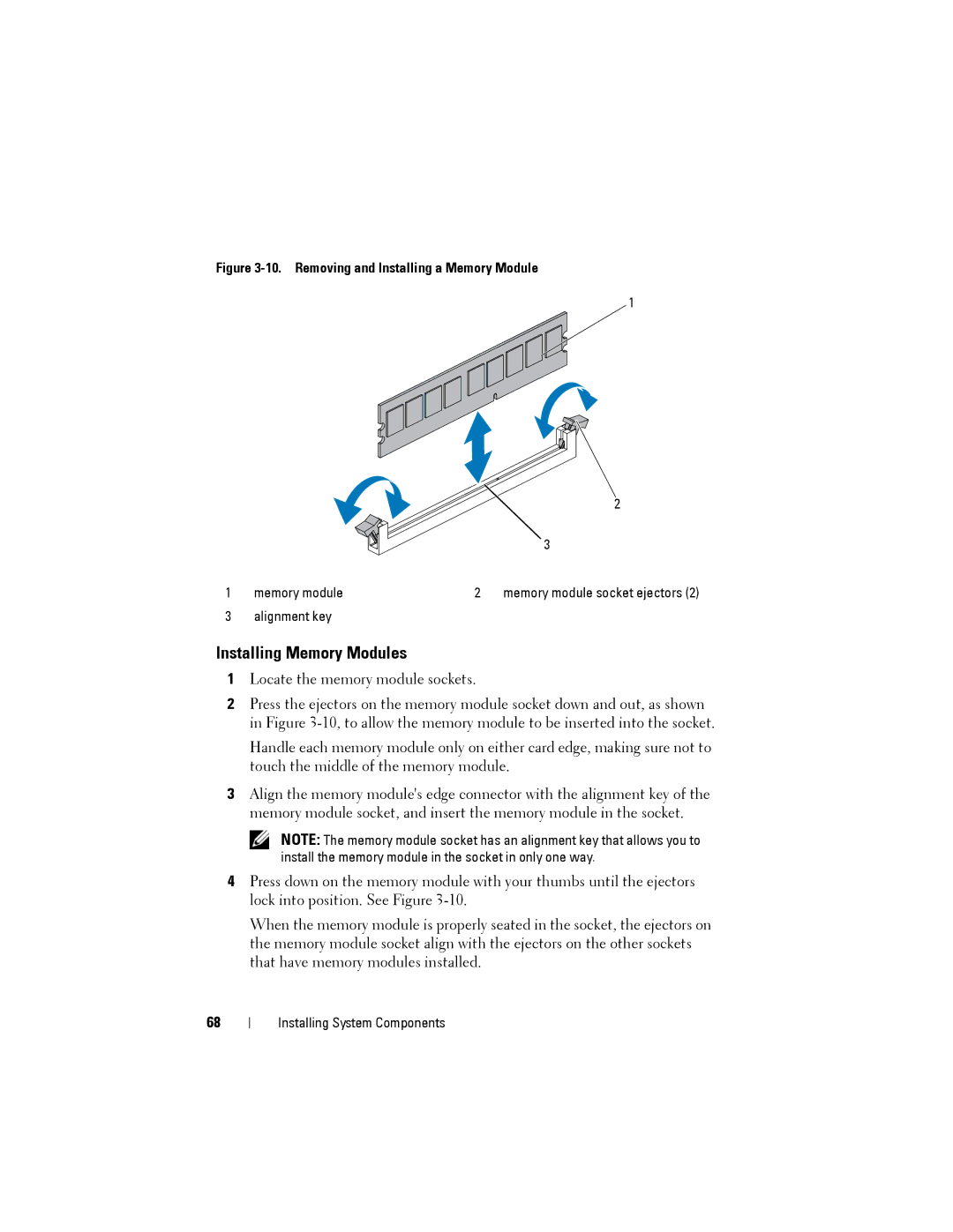 Dell C1100 owner manual Installing Memory Modules, Memory module Memory module socket ejectors Alignment key 