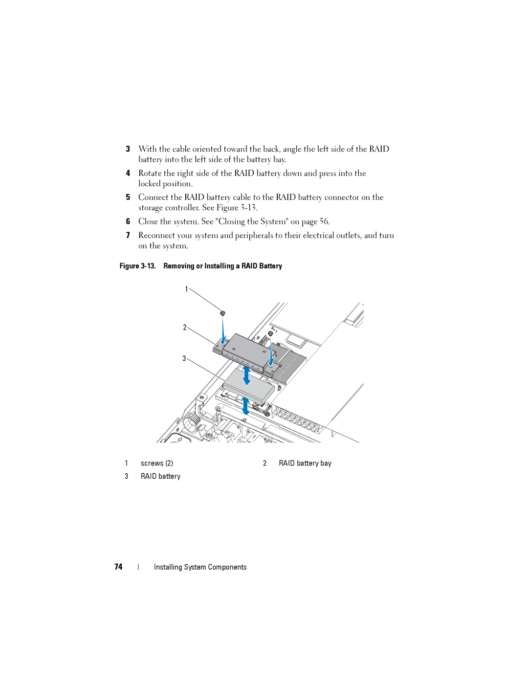 Dell C1100 owner manual Removing or Installing a RAID Battery, RAID battery Installing System Components 