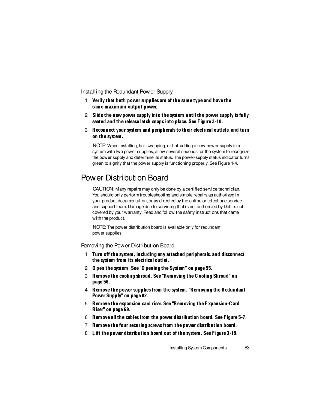 Dell C1100 owner manual Installing the Redundant Power Supply, Removing the Power Distribution Board 