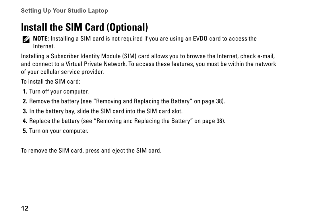 Dell P06F001, C1RXR, 1569 setup guide Install the SIM Card Optional 