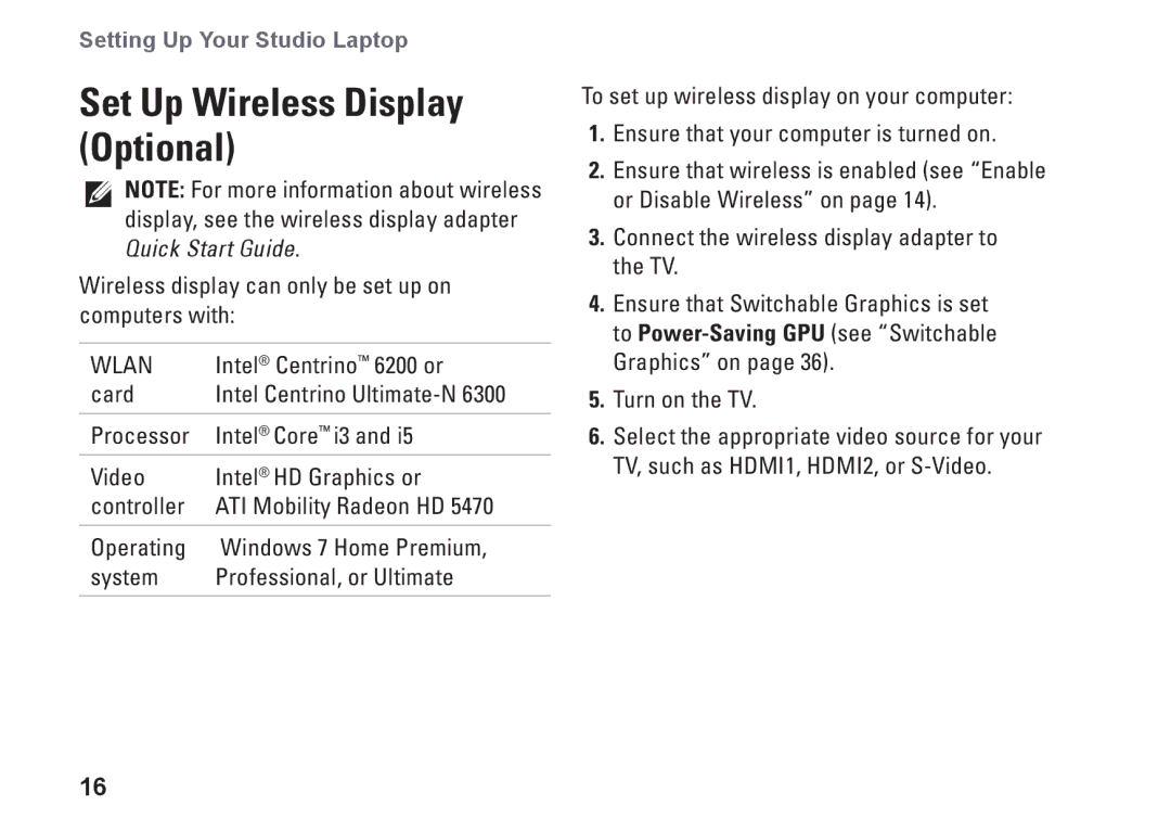 Dell C1RXR, 1569, P06F001 setup guide Set Up Wireless Display Optional, Wlan 