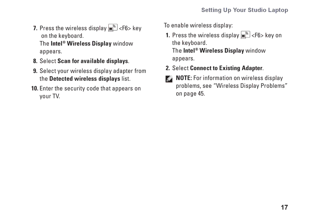 Dell 1569, C1RXR, P06F001 setup guide Press the wireless display F6 key on the keyboard 