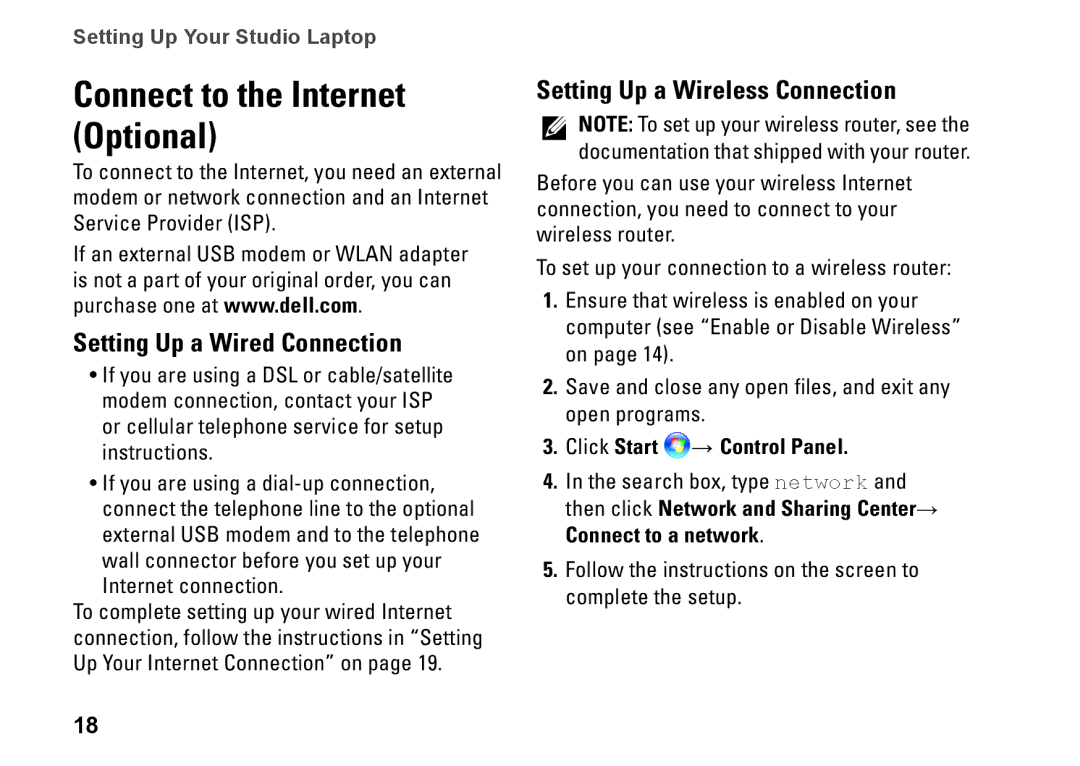 Dell P06F001, C1RXR, 1569 Connect to the Internet Optional, Setting Up a Wired Connection, Setting Up a Wireless Connection 