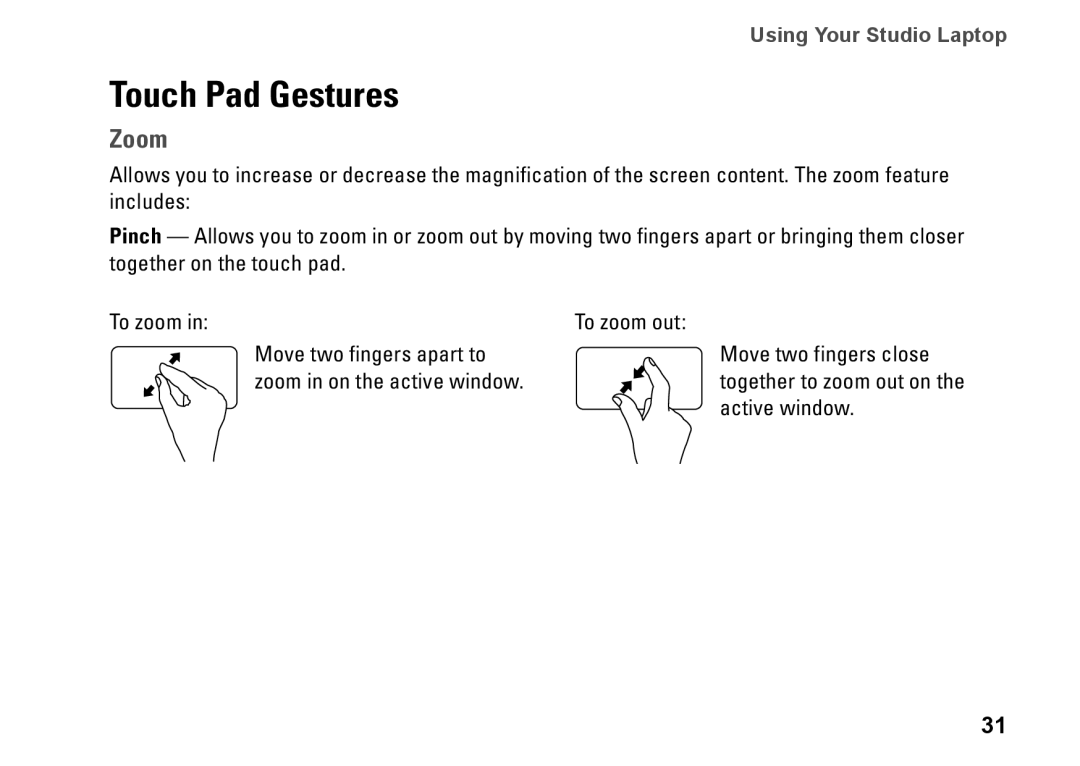 Dell C1RXR, 1569, P06F001 setup guide Touch Pad Gestures, Zoom 