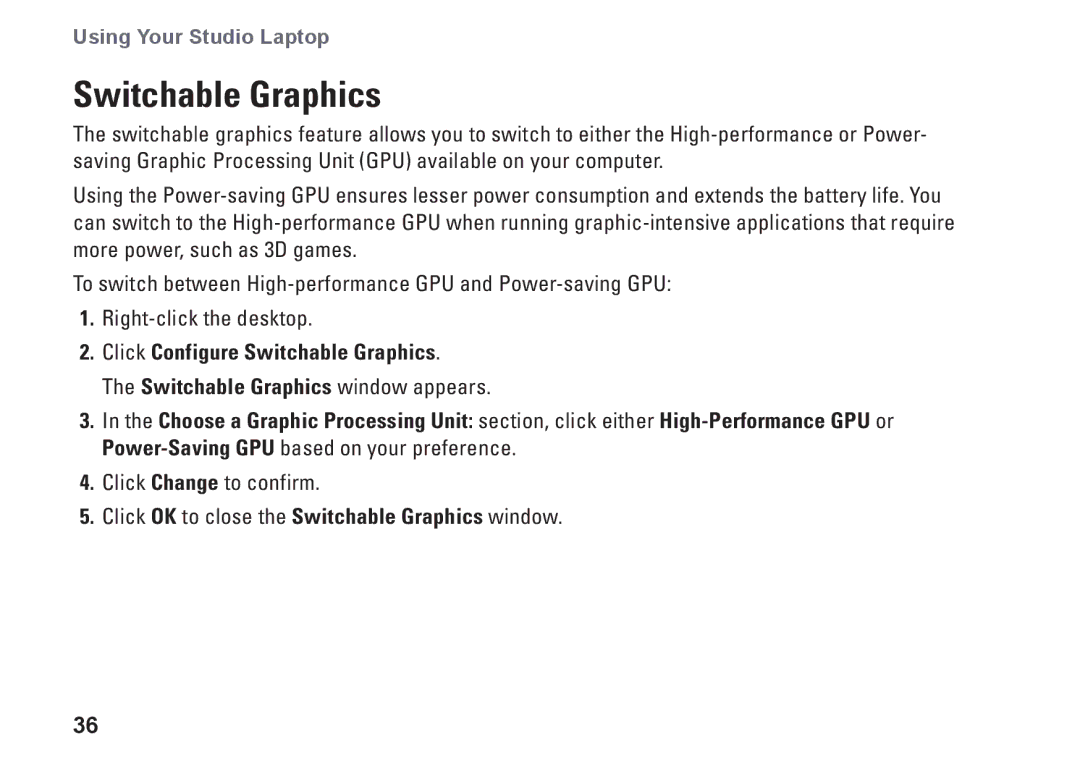 Dell P06F001, C1RXR, 1569 setup guide Switchable Graphics 