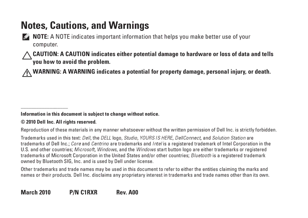 Dell 1569, P06F001 setup guide March 2010 P/N C1RXR Rev. A00 