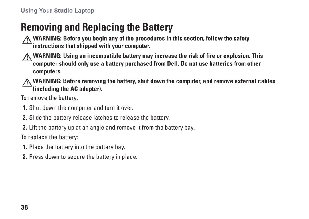 Dell 1569, C1RXR, P06F001 setup guide Removing and Replacing the Battery 