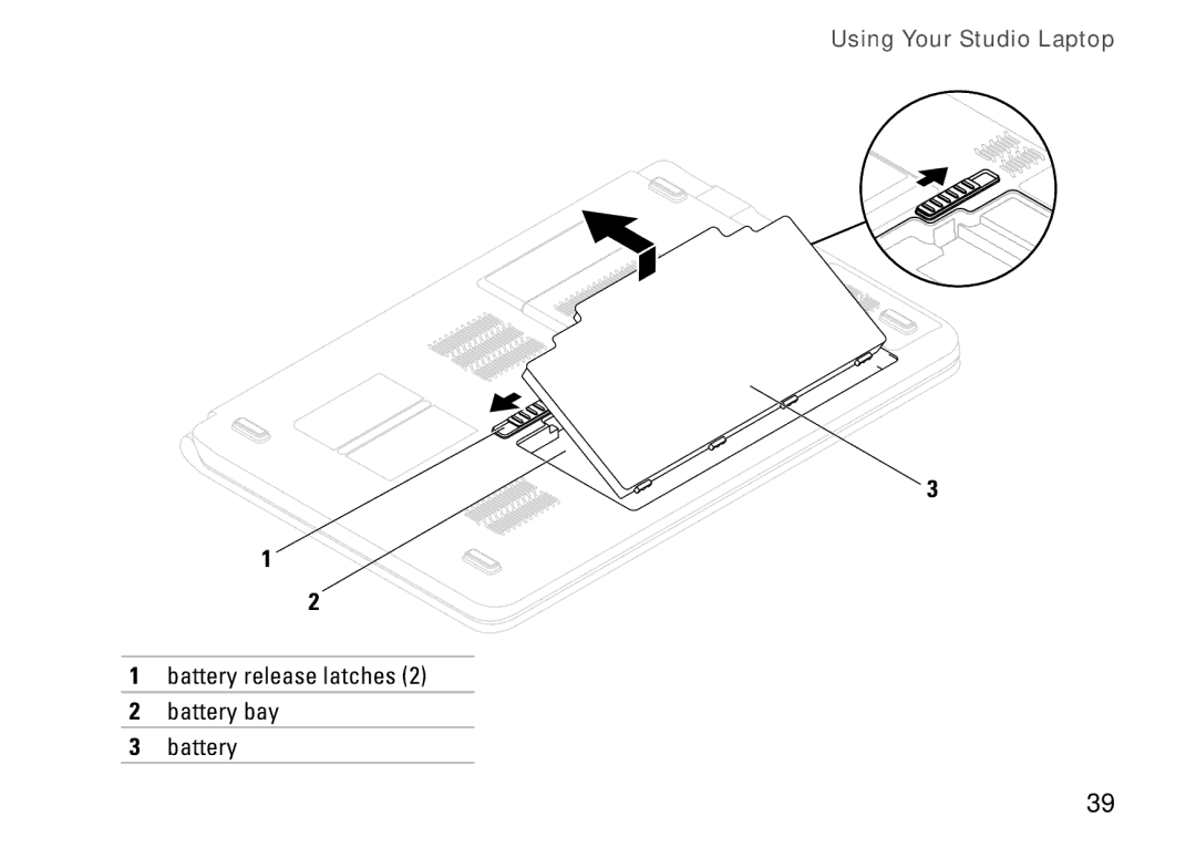 Dell P06F001, C1RXR, 1569 setup guide Battery release latches Battery bay 