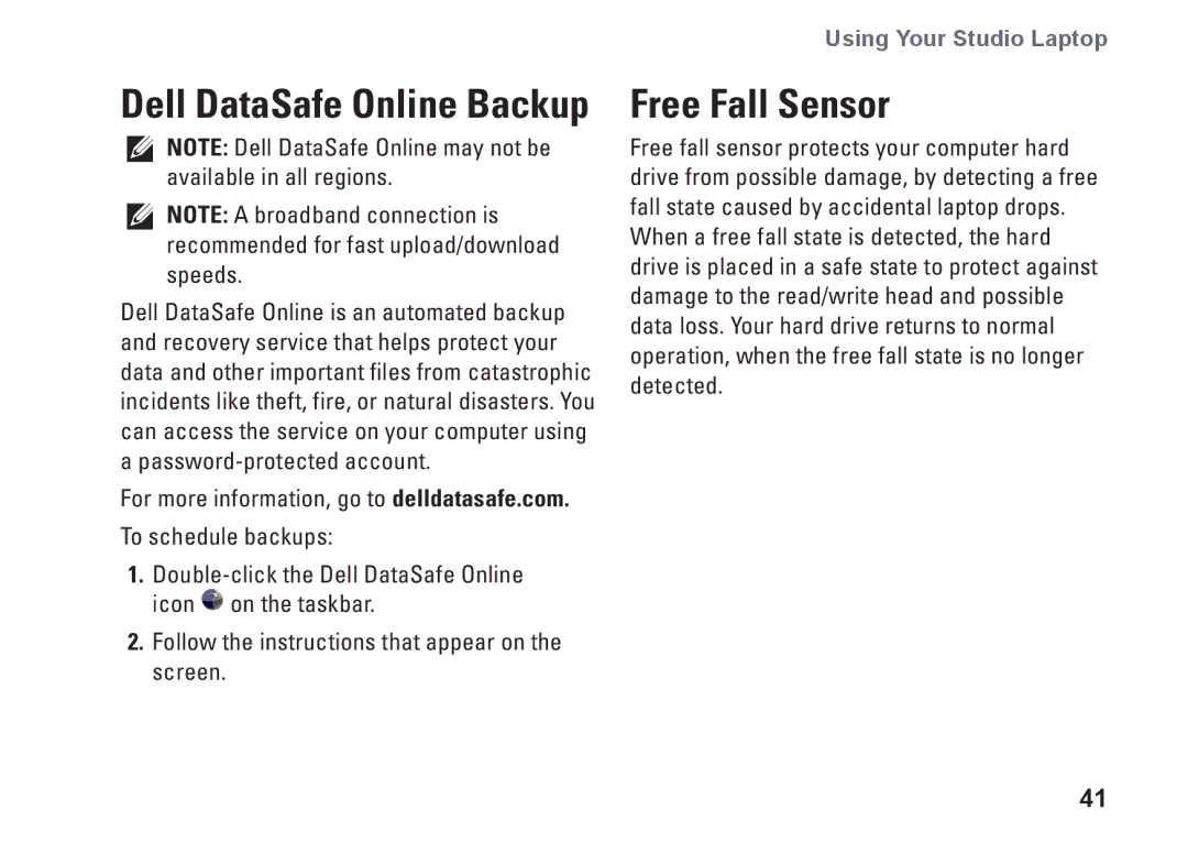 Dell 1569, C1RXR, P06F001 setup guide Free Fall Sensor, Dell DataSafe Online Backup 