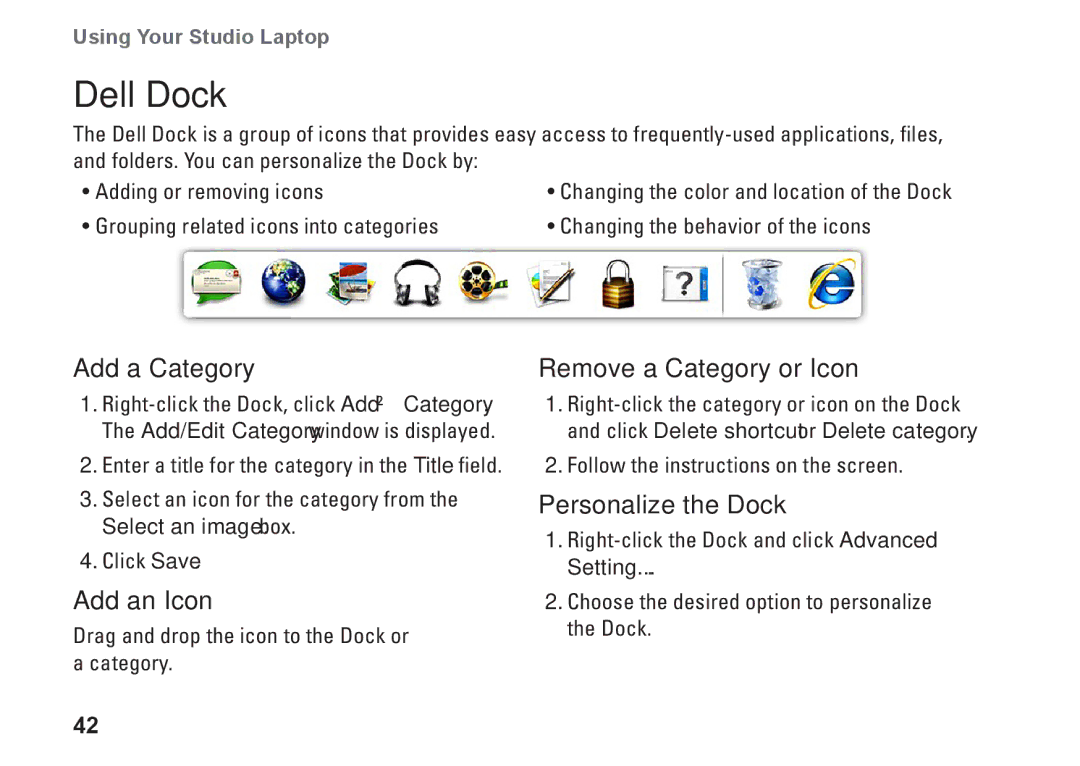 Dell P06F001, C1RXR, 1569 setup guide Dell Dock, Add a Category, Add an Icon, Remove a Category or Icon, Personalize the Dock 