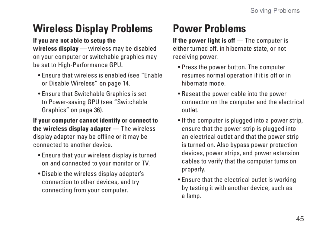 Dell P06F001, C1RXR, 1569 setup guide Power Problems, If you are not able to setup 