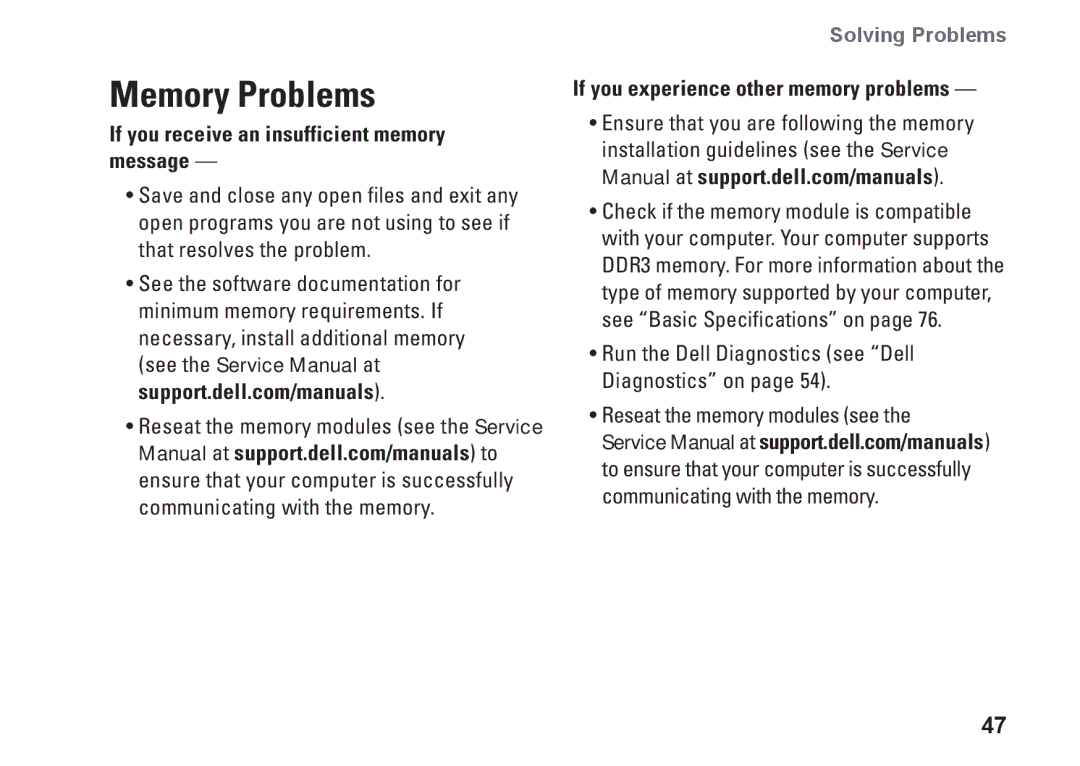 Dell 1569, C1RXR Memory Problems, If you receive an insufficient memory message, If you experience other memory problems 