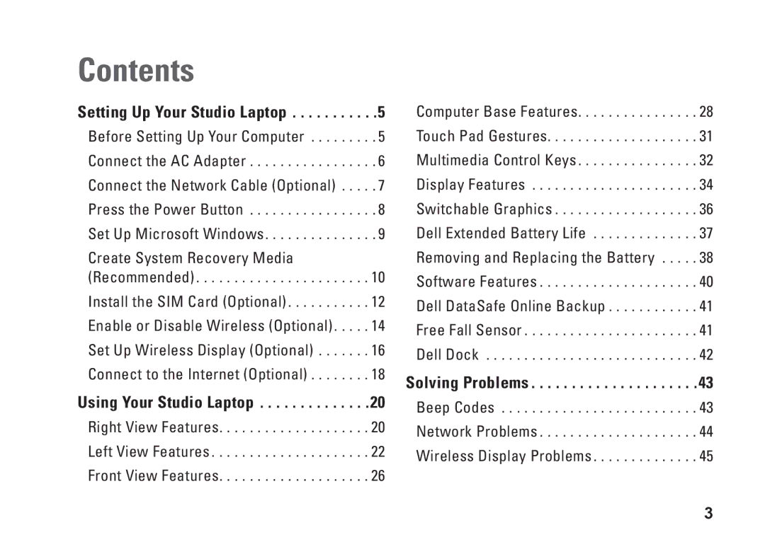 Dell P06F001, C1RXR, 1569 setup guide Contents 