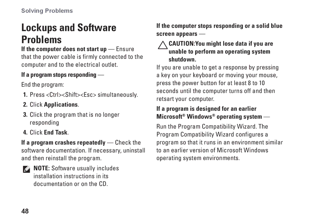 Dell P06F001, C1RXR, 1569 setup guide If a program stops responding, Click Applications, Click End Task 