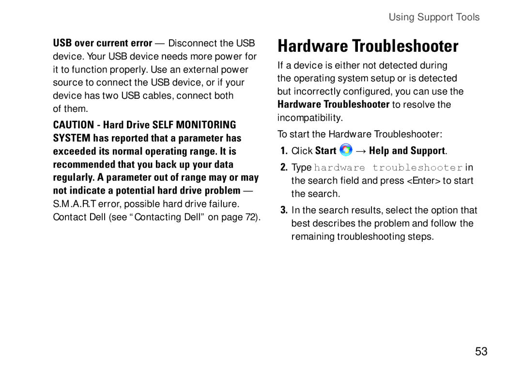 Dell 1569, C1RXR, P06F001 setup guide Hardware Troubleshooter, Click Start → Help and Support 