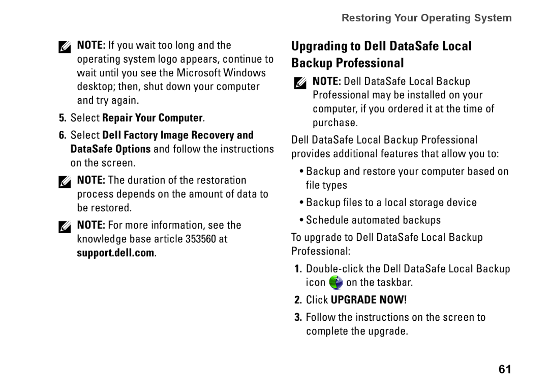 Dell C1RXR, 1569, P06F001 setup guide Upgrading to Dell DataSafe Local Backup Professional, Click Upgrade Now 