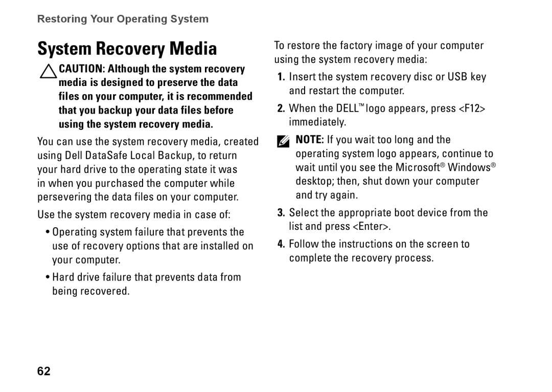 Dell 1569, C1RXR, P06F001 setup guide System Recovery Media 