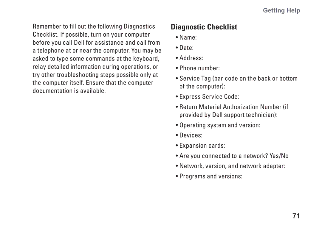 Dell 1569, C1RXR, P06F001 setup guide Diagnostic Checklist 