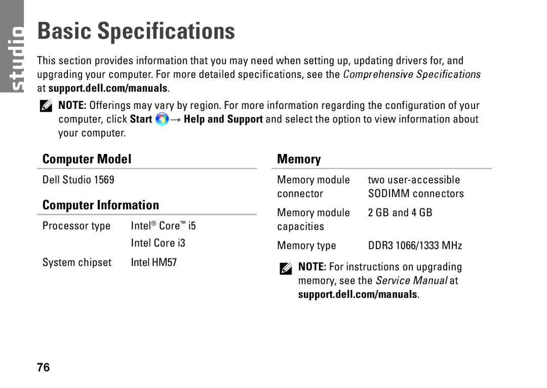 Dell C1RXR, 1569, P06F001 setup guide Basic Specifications, Computer Model, Computer Information, Memory 