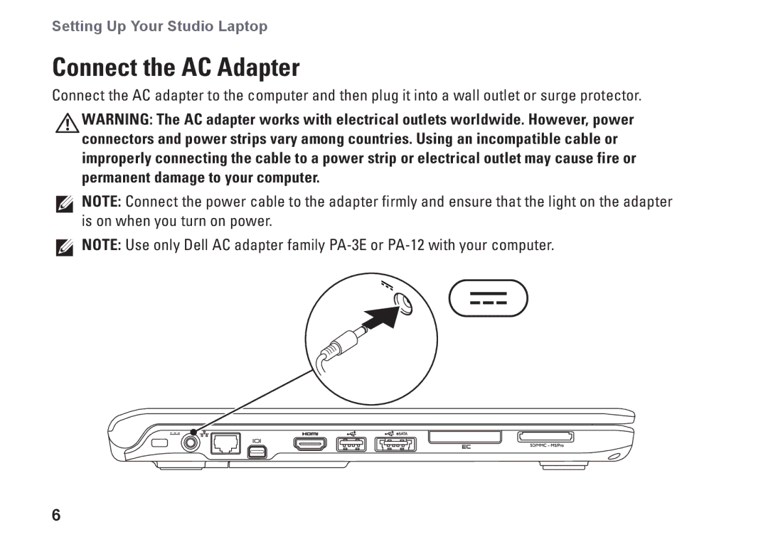 Dell P06F001, C1RXR, 1569 setup guide Connect the AC Adapter 