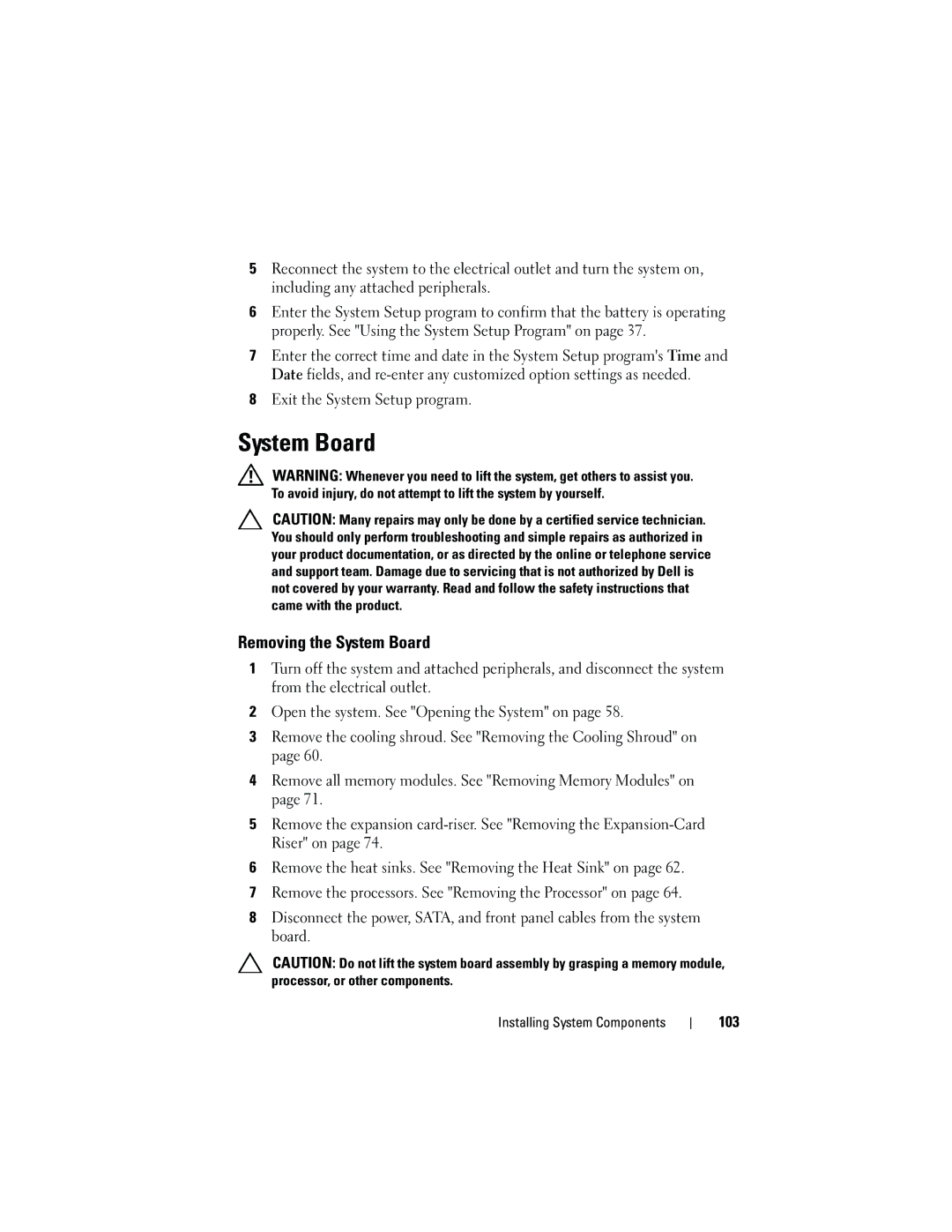 Dell C2100 owner manual Removing the System Board 