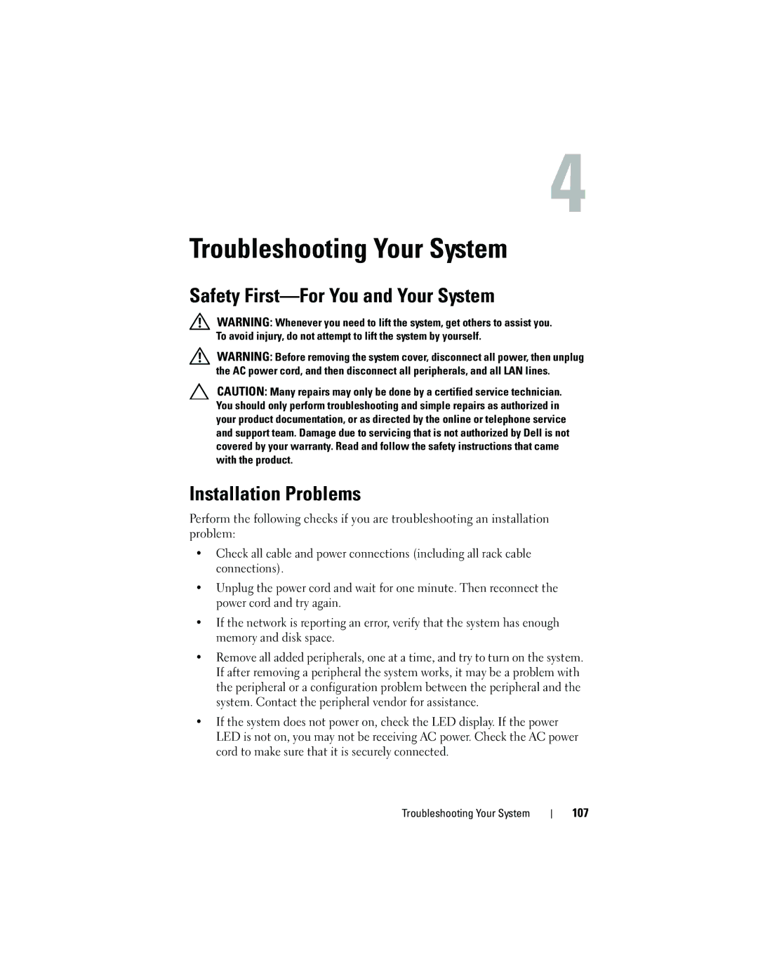 Dell C2100 owner manual Troubleshooting Your System, Safety First-For You and Your System Installation Problems 