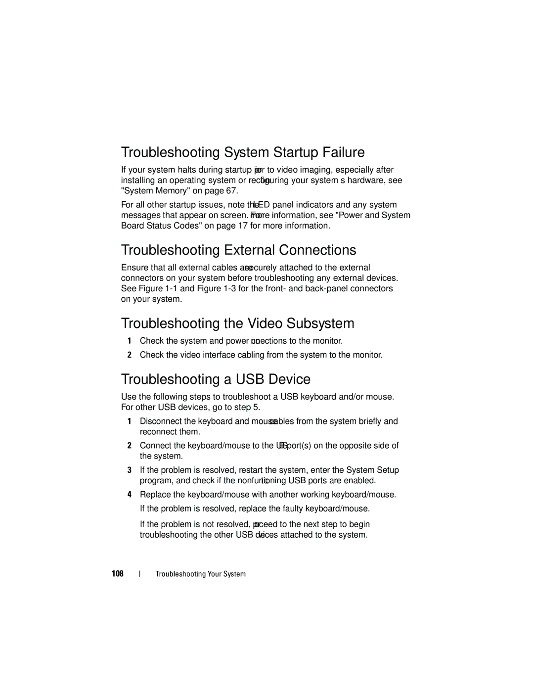 Dell C2100 Troubleshooting System Startup Failure, Troubleshooting External Connections, Troubleshooting a USB Device 