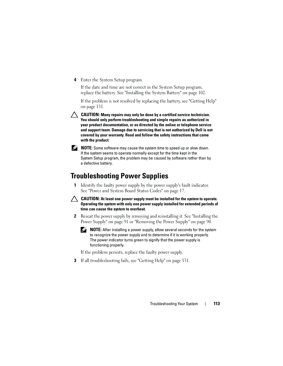 Dell C2100 owner manual Troubleshooting Power Supplies, Enter the System Setup program 