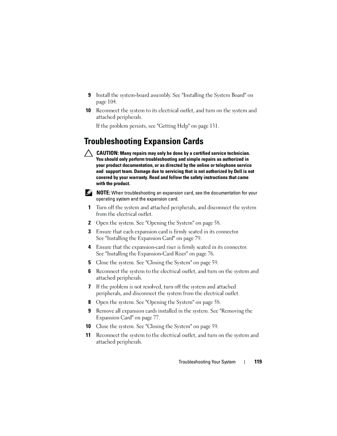 Dell C2100 owner manual Troubleshooting Expansion Cards 