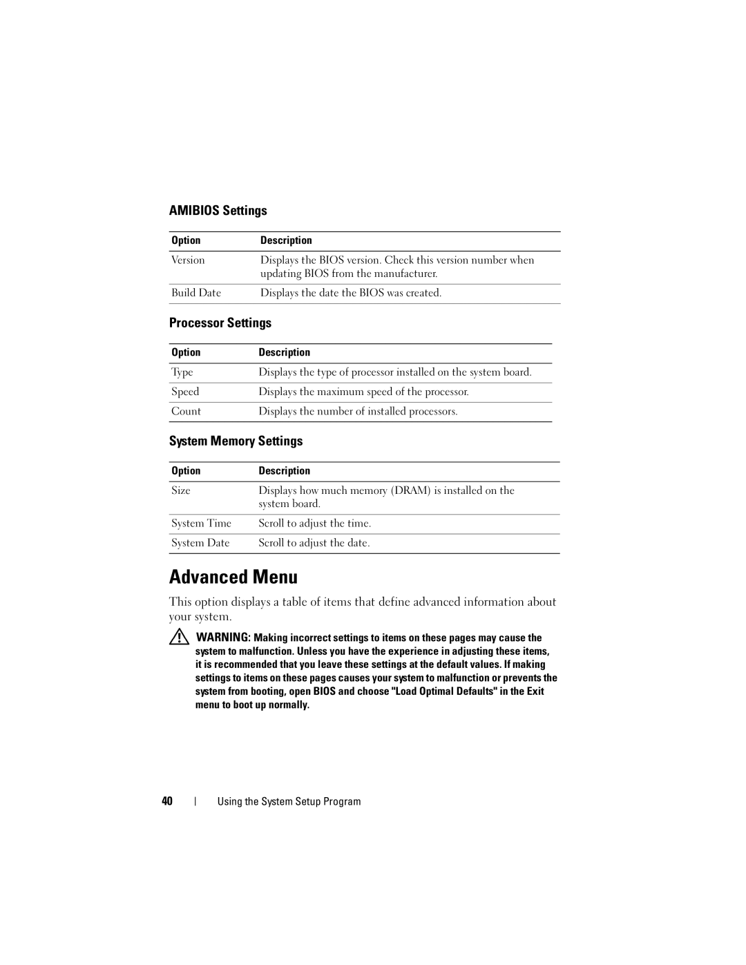 Dell C2100 owner manual Advanced Menu, Amibios Settings, Processor Settings, System Memory Settings 