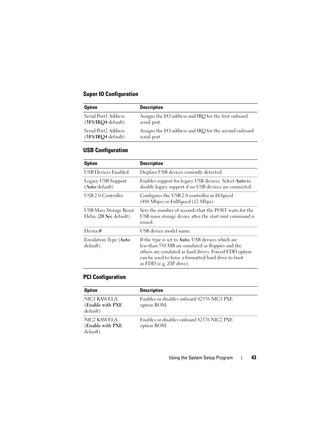 Dell C2100 owner manual Super IO Configuration, USB Configuration, PCI Configuration 