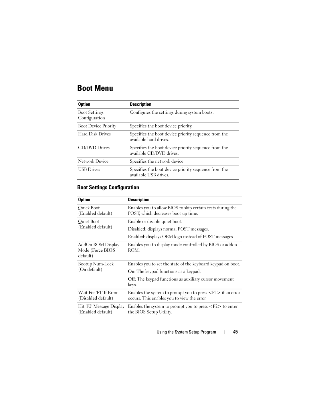 Dell C2100 owner manual Boot Menu, Boot Settings Configuration 