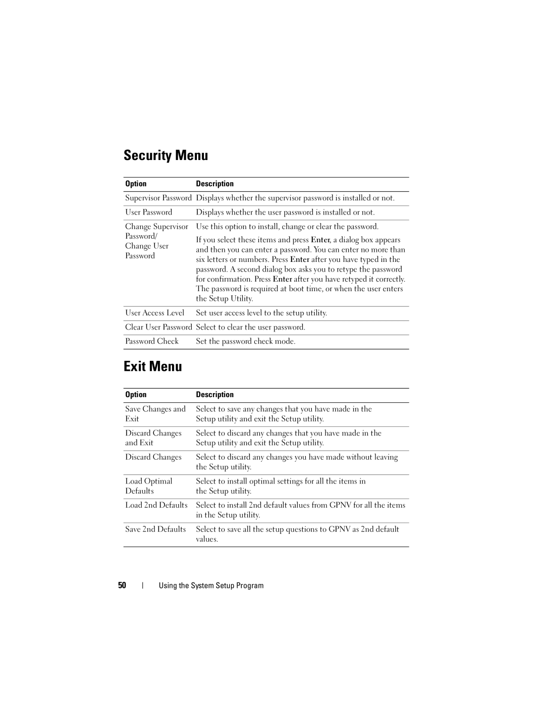 Dell C2100 owner manual Security Menu, Exit Menu 