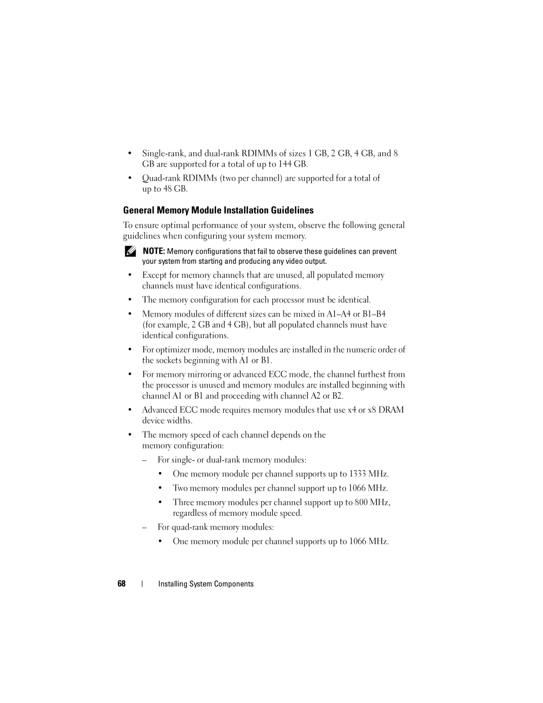 Dell C2100 owner manual General Memory Module Installation Guidelines 