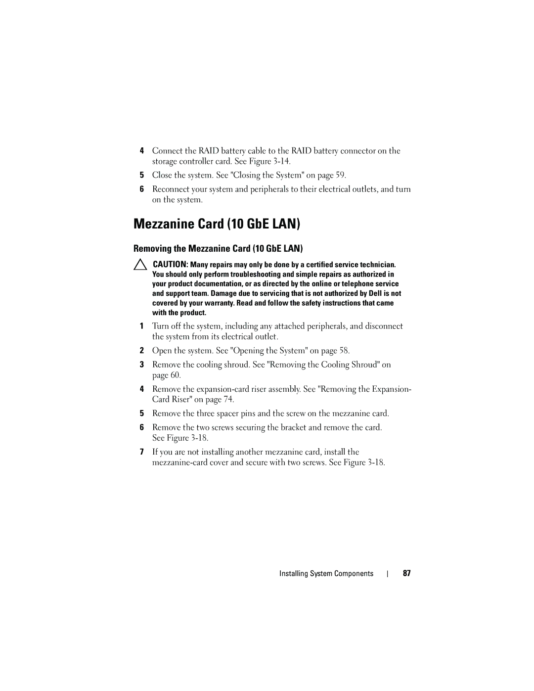 Dell C2100 owner manual Removing the Mezzanine Card 10 GbE LAN 