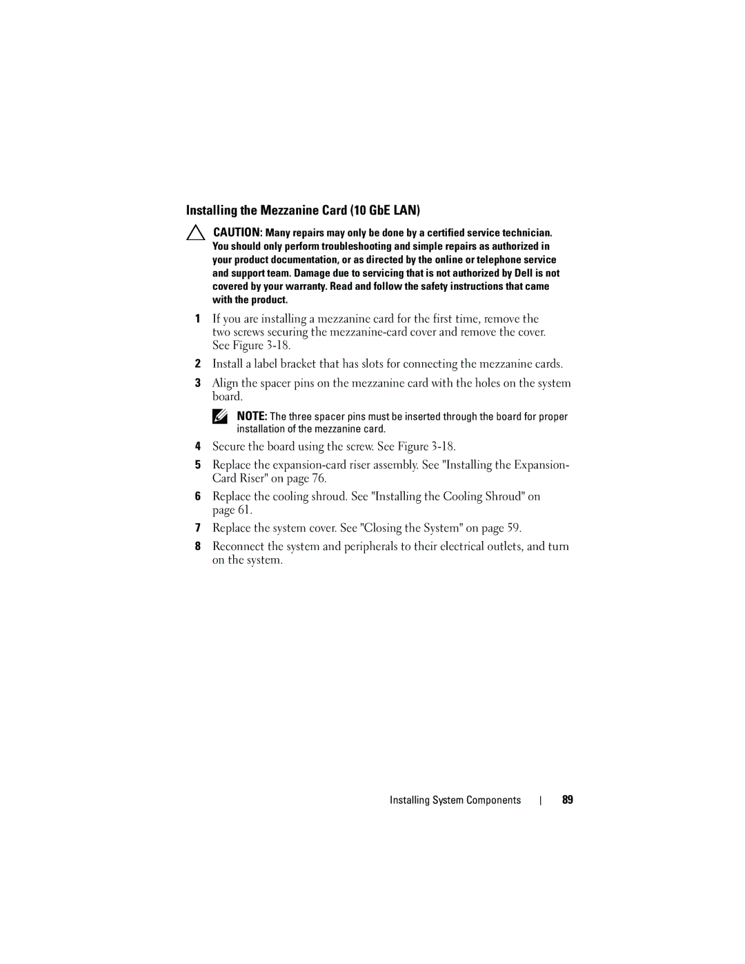 Dell C2100 owner manual Installing the Mezzanine Card 10 GbE LAN 