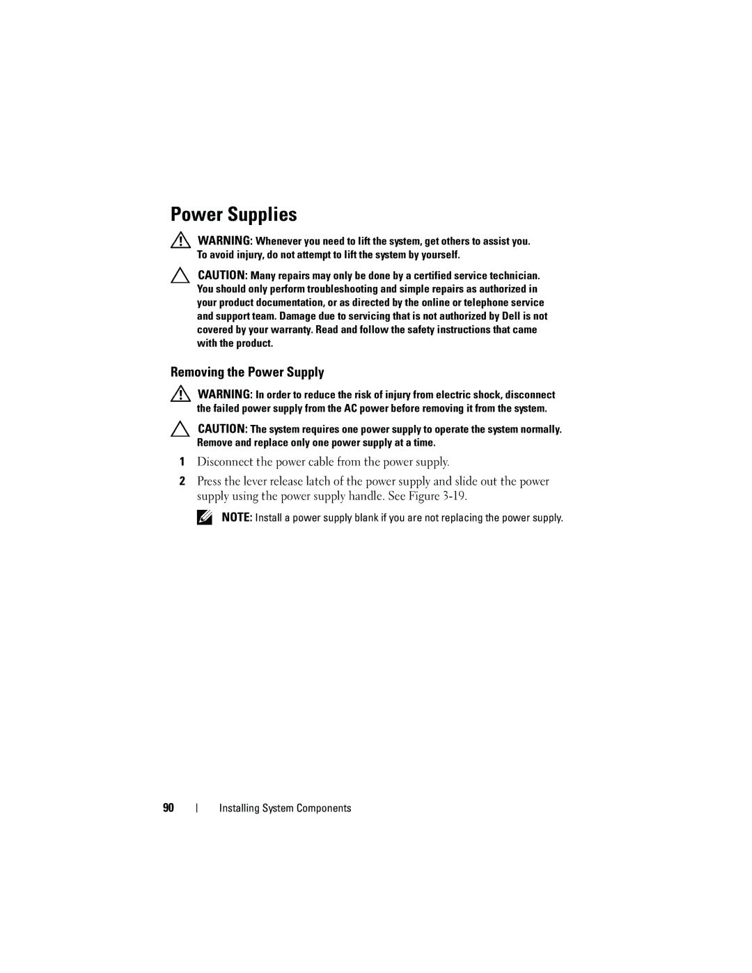 Dell C2100 owner manual Power Supplies, Removing the Power Supply 