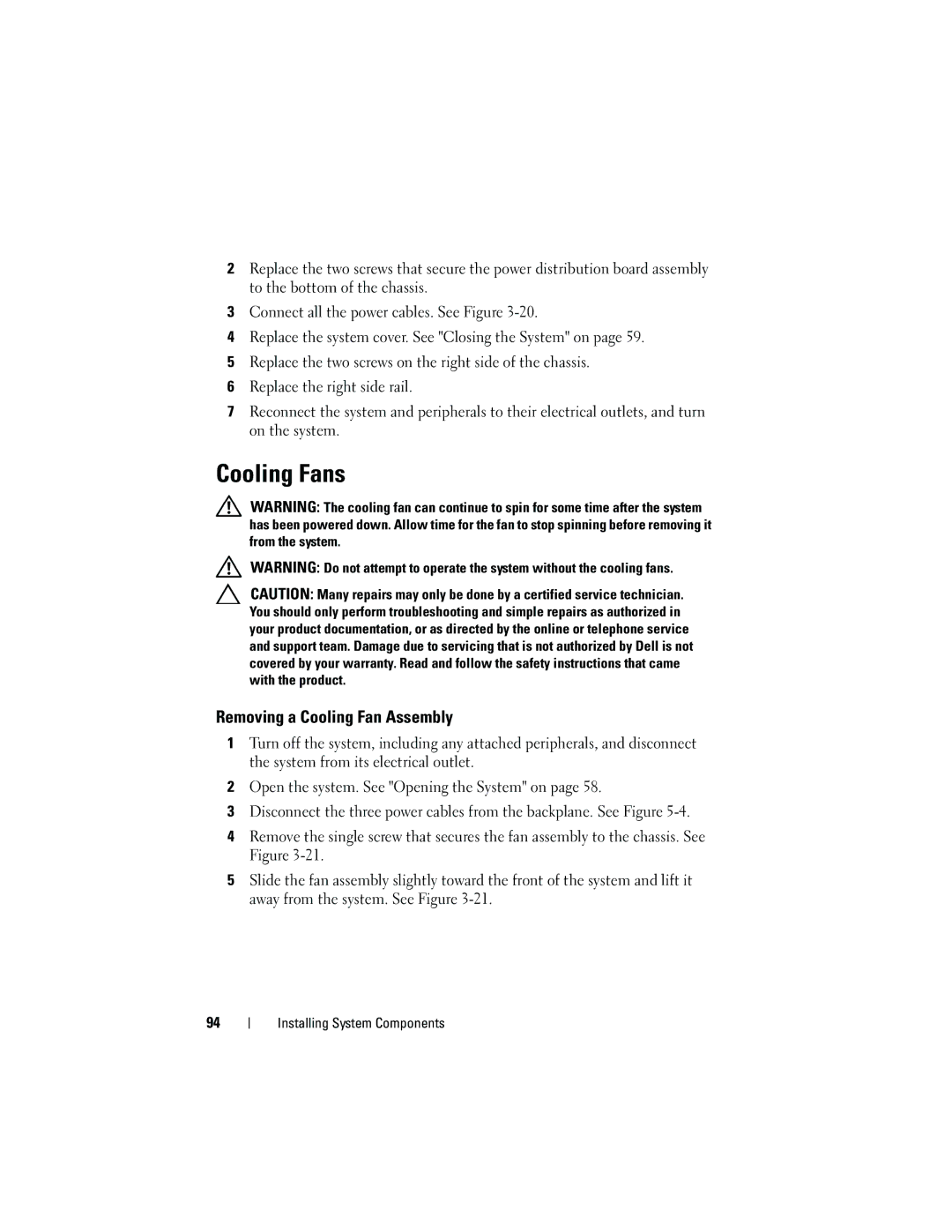 Dell C2100 owner manual Cooling Fans, Removing a Cooling Fan Assembly 