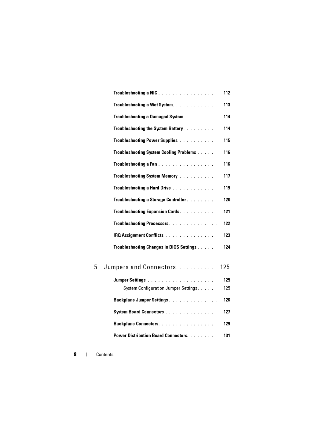 Dell C2100 owner manual 112, 116, 123, 124, System Configuration Jumper Settings 125, 126, 127, 129, 131 