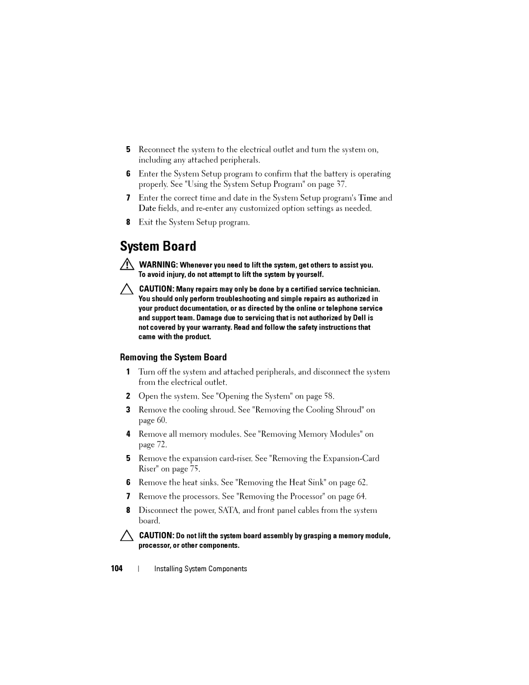 Dell C2100 owner manual Removing the System Board, 104 