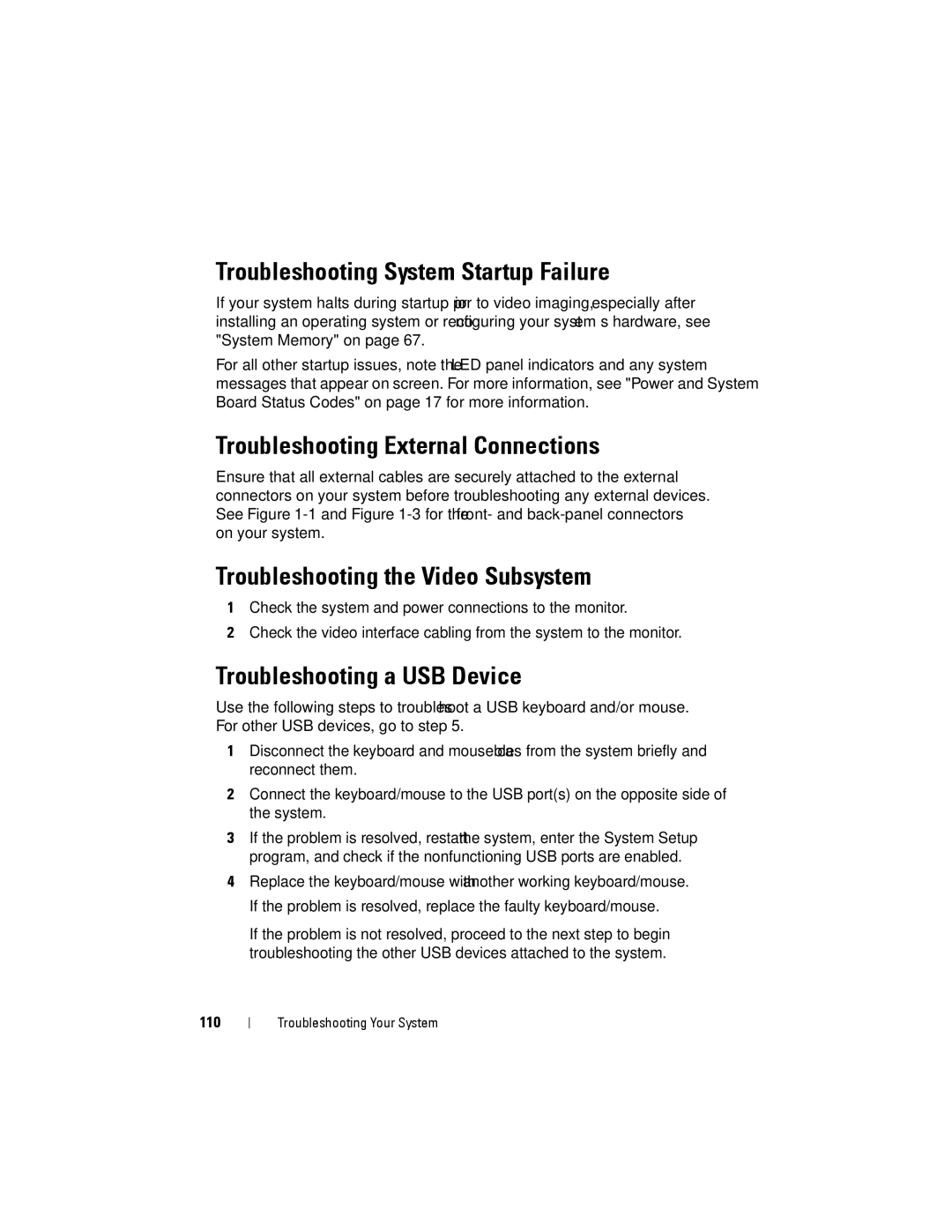 Dell C2100 Troubleshooting System Startup Failure, Troubleshooting External Connections, Troubleshooting a USB Device, 110 