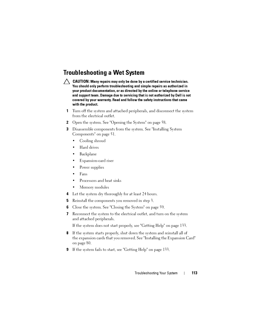 Dell C2100 owner manual Troubleshooting a Wet System, 113 